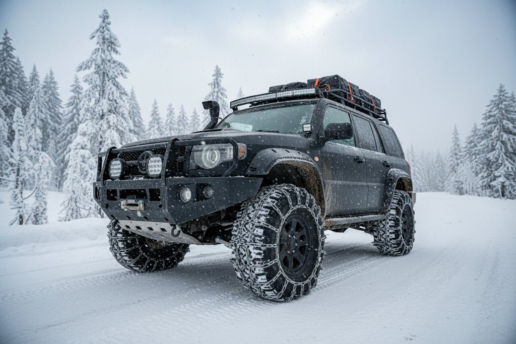 voorbeeldafbeelding van stoere 4x4 terreinwagen met metalen sneeuwkettingen en off road uitrusting rijdend op een bergweg in een skigebied