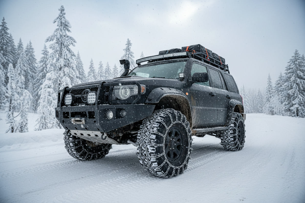 voorbeeldafbeelding van stoere 4x4 terreinwagen met metalen sneeuwkettingen en off road uitrusting rijdend op een bergweg in een skigebied