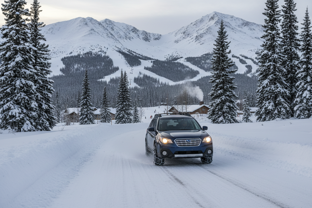 maak een afbeelding van een gezinsauto met sneeuwkettingen die in een ski gebied rijden