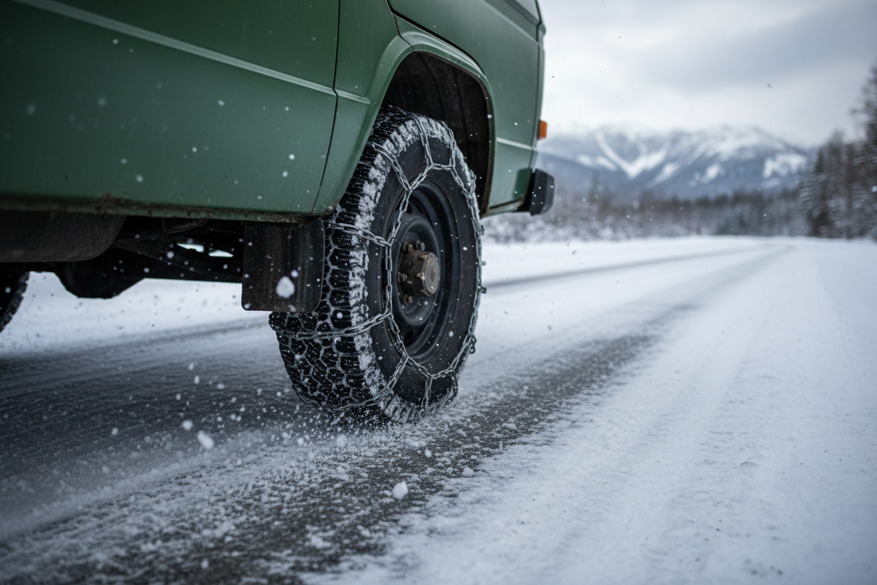 Maak een afbeelding van een groene camperbus en close-up op de wielen met sneeuwkettingen die rijden over een dun besneeuwde weg
