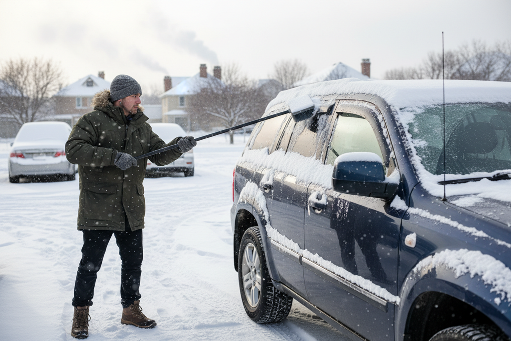 iemand die sneeuw borstelt van het dak van hun auto